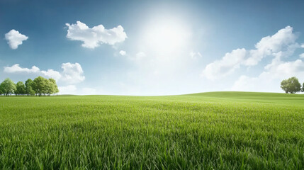 Obraz premium Serene wide shot of lush green prairie under bright blue sky with scattered white clouds, evoking sense of calm and tranquility. horizon features line of trees