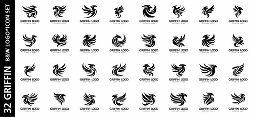 Collection of 32 black and white griffin logo icons in minimal vector style. Perfect for fantasy branding, heraldic symbols, and creative identity.