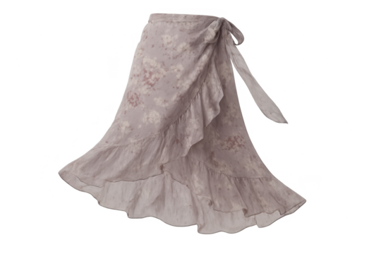 Light purple floral ruffled wrap skirt isolated on transparent background.