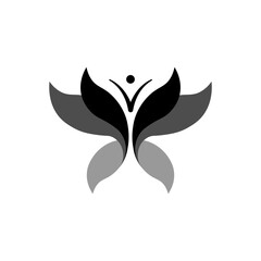 A striking logo of a human figure with outstretched arms emerging from abstract, layered black and gray wing-like shapes, suggesting freedom and well-being