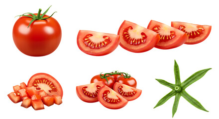 Fresh Tomato Slices ripe red tomato slice showing seeds and juicy texture. slices splshah piece small cut fine cut leaf transparent png set
