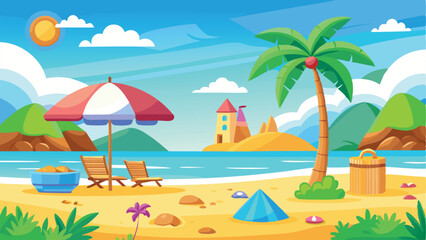 Cartoon Beach Scene with Palm Tree, Umbrella, Ocean, Mountains, Sun and Sand