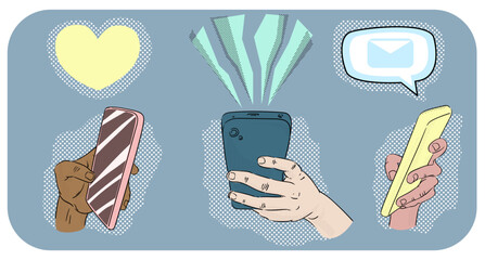 Three hands with smartphones, with various elements displayed above the screens. Vector illustration.