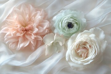 Obraz premium Delicate pastel flowers arranged on sheer fabric.