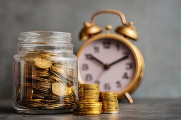 A glass jar overflowing with coins sits beside three stacks of coins with a goldtoned alarm clock blurred in the background