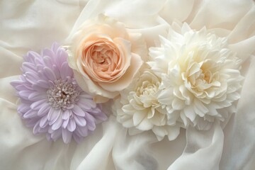 Obraz premium Delicate pastel flowers arranged on a sheer fabric.