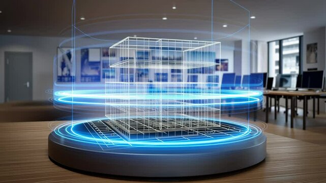 Futuristic hologram blueprint of building architecture rotating digital platform modern office showcasing advanced technology and design concept with