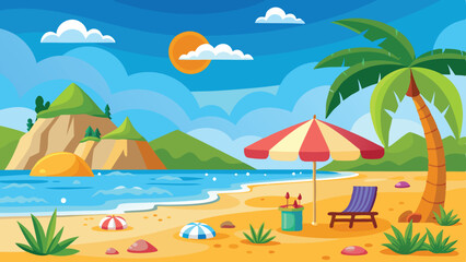 Sunny Beach Scene with Palm Tree, Umbrella, Deck Chair, and Calm Blue Ocean View