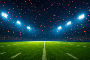 Vibrant american football stadium illuminated by bright lights with confetti falling