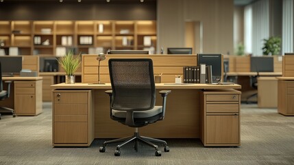 Neat office workspace, empty desk, swivel chair facing forward