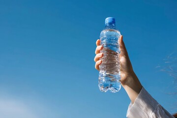 A hand holds a clear water bottle against a blue sky