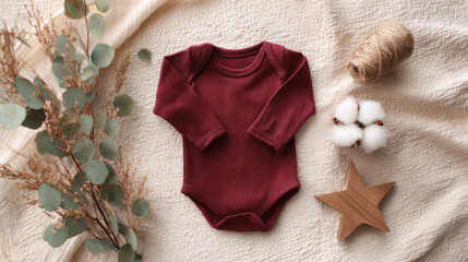 Christmas baby cotton short sleeve onesie mockup. Jumpsuit  Modern minimalist banner design with Xmas mood in white and burgundi red colors