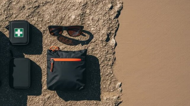 Summer Travel Essentials on Sandy Beach