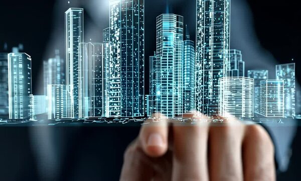 A professional hand interacting with a futuristic cityscape, showcasing architectural innovation and design.