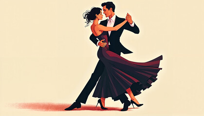 An illustrated picture of a couple dancing the tango in elegant outfits. Tango is a fire of passion in every step.