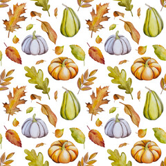 Hand paint watercolor autumn set of pumpkins, acorns, autumn leaves, mushrooms, rowan berry, isolated on white background. Perfect for creating cards, design. Thanksgiving day illustrations