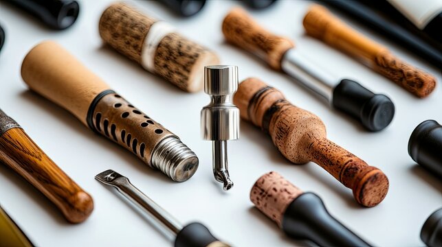 Wine corkscrews on a white background, perfect for wine, beverages, and wine accessories imagery.