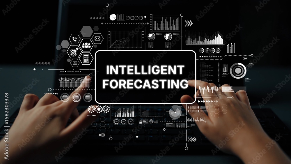 Poster hands interacting with digital display of intelligent forecasting data and graphs on laptop screen. 