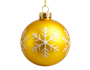 Modern Matte Yellow Christmas Ball with White Snowflake Print, isolated on transparent background