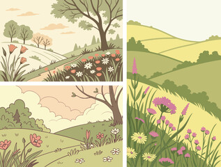 Vibrant flower meadow in full bloom during spring, with colorful wildflowers and lush green grass under bright, sunny skies, symbolizing renewal and natural beauty