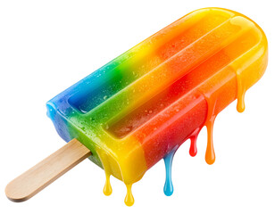 Rainbow Popsicle Angled with Melting Drops, isolated on a transparent background
