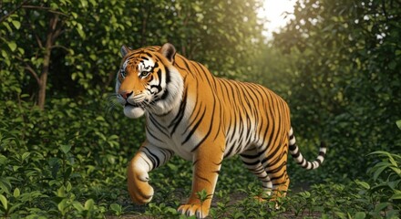 Obraz premium Majestic Tiger Walks Through Lush Green Forest During Sunrise