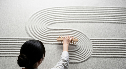 Woman Raking Sand in Japanese Zen Garden.
A woman's hand using a wooden rake to create curved patterns in the white sand of a traditional Japanese Zen garden, promoting mindfulness and tranquility.

