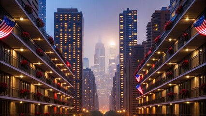 Obraz premium City skyline at dusk with buildings and flags lining the streets. independence day concept