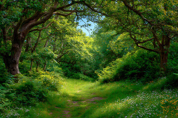 Verdant forest path dappled sunlight trees
