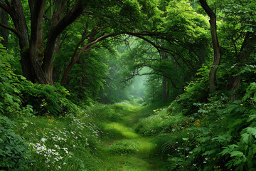 Verdant forest path dappled sunlight trees green