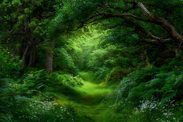Verdant Forest Path Sunlit trees green
