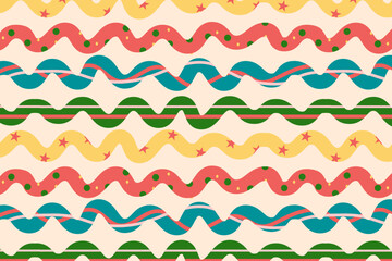 Seamless pattern with colorful wavy stripes and dots, stars on cream background, flat vector, hand-drawn style, bright colors. Perfect for fabric, wrapping paper, kids projects, digital and print use.