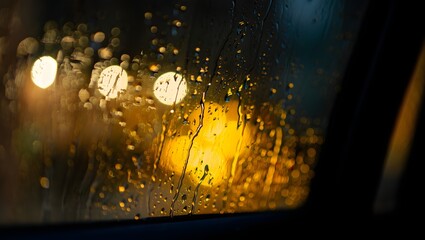 Obraz premium Raindrops on a window with blurred city lights creating a bokeh effect at night