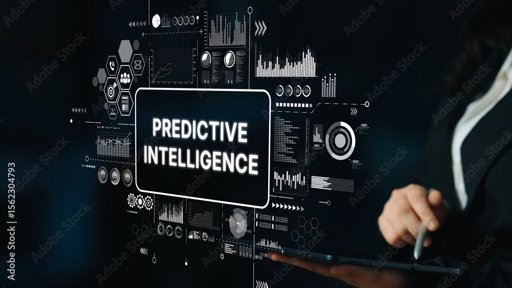 Poster business professional analyzing predictive intelligence data with charts and graphs in a dark office