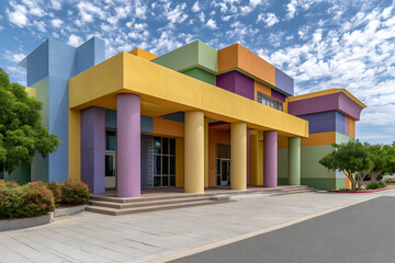 Vibrant building with colorful geometric facade modern architecture