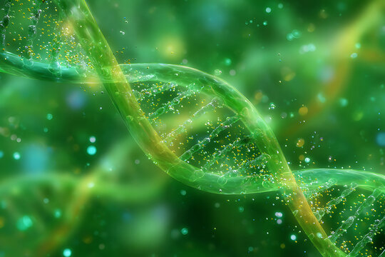 Vibrant green helical strands with glowing particles