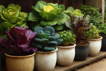 Vibrant potted vegetables arranged on wooden shelf
