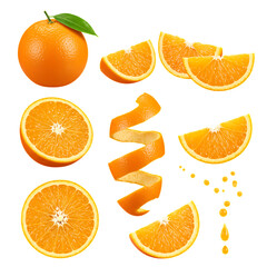 Fresh citrus fruit, ripe oranges and tangerines  Spiral orange peel slices juice splash