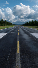 Wet asphalt runway with yellow lines and clouds airport