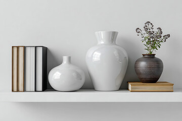 White and brown vases with books on shelf minimalist
