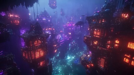 Fototapeta premium Underwater city with glowing buildings and futuristic technology cinematic submerged utopia