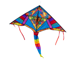 Traditional Handcrafted Colorful Kite with Geometric Patterns in Blue Sky, isolated on transparent background