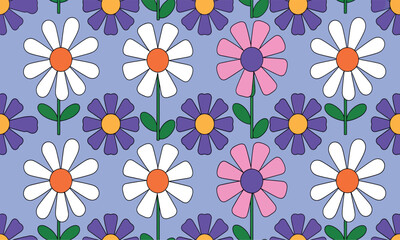Seamless daisy and floral pattern on blue vector art illustration.
