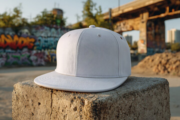 White snapback cap on concrete block white cap baseball cap