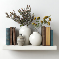White vases with dried flowers and books shelf decorative