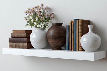White vases with floral arrangement and antique books