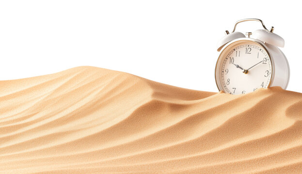 A vintage white alarm clock rests on smooth, rippled sand dunes against a black background.