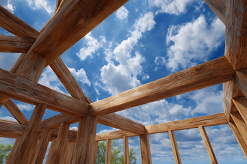Wooden beams against blue sky timber construction