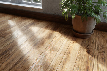 Wooden floor with potted plant and window light wood grain