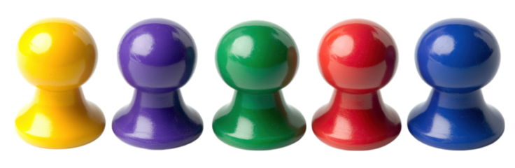 Five colorful glossy game pawns in yellow, purple, green, red, and blue arranged in a row.